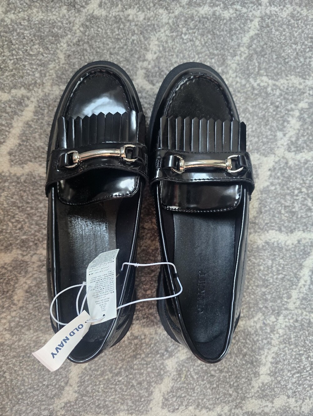 Old Navy Black Patent Loafers with Kiltie Fringe and Gold Horsebit
